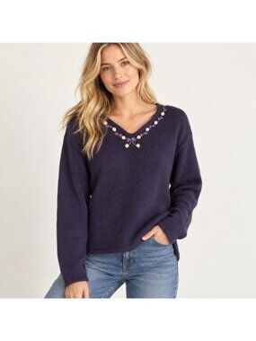 April Cornell Purple 3D Floral Wool V Neck Wool Sweater L